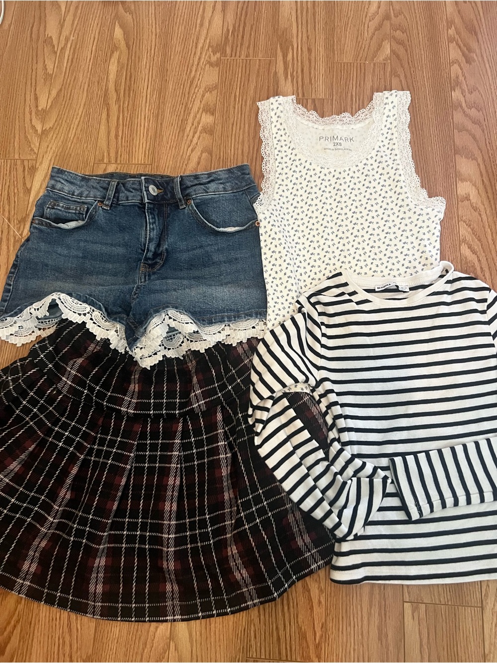 Casual Girls Outfit Bundle - Denim Lace Shorts, Floral Tank, Skirt & Striped Top